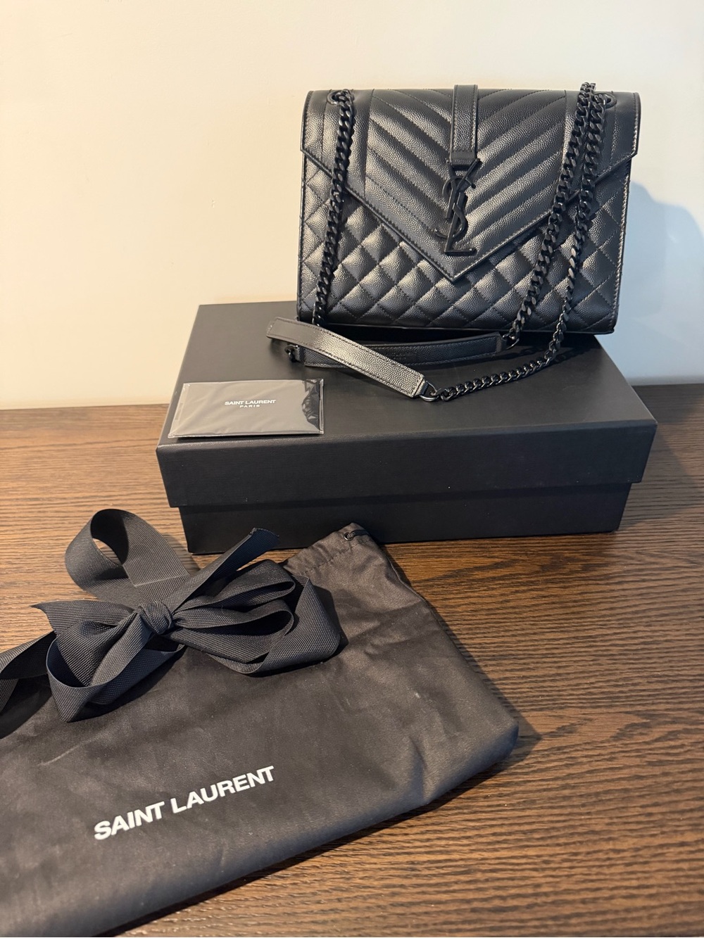 Saint Laurent Black Quilted Chevron Leather Shoulder Bag with Chain